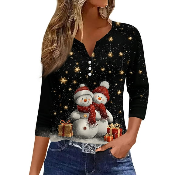 WTOBBY Women's Christmas Tree Print V-Neck Decorative Button 3/4 Sleeve T-Shirt with Merry Christmas, Ladies Holiday Season Top for Casual Fashion and Daily Wear,Black M