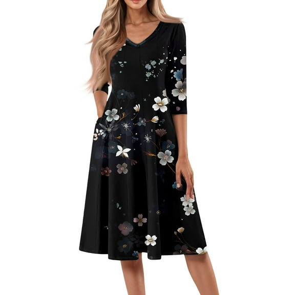 WTOBBY Women's Classic Floral Print V-Neck 3/4 Sleeve Midi Dress, Timeless Sundress with Feminine Details for Various Occasions,Black XL
