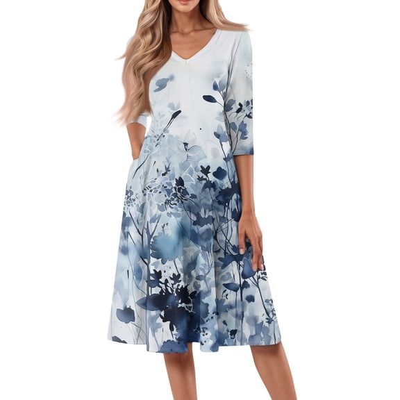 WTOBBY Women's Classic Floral Print V-Neck 3/4 Sleeve Midi Dress, Timeless Sundress with Feminine Details for Various Occasions,Blue XL