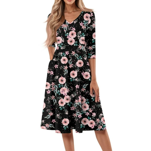 WTOBBY Women's Classic Floral Print V-Neck 3/4 Sleeve Midi Dress, Timeless Sundress with Feminine Details for Various Occasions,Pink S