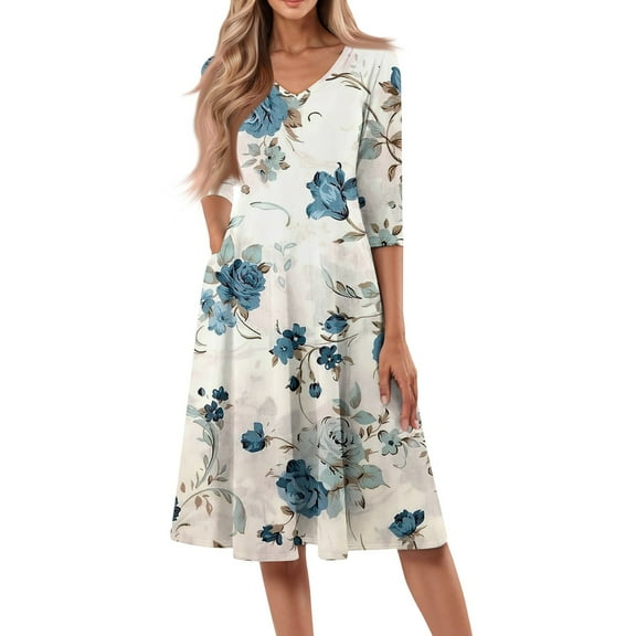 WTOBBY Women's Classic Floral Print V-Neck 3/4 Sleeve Midi Dress, Timeless Sundress with Feminine Details for Various Occasions,White S