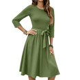 thumbnail image 1 of WTOBBY Women's Classic Solid Color Waistband Round Neck 3/4 Sleeve Dress, Flowy Midi Sundress with Timeless Style for Various Occasions,Army Green L, 1 of 5