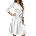 thumbnail image 1 of WTOBBY Women's Classic Solid Color Waistband Round Neck 3/4 Sleeve Dress, Flowy Midi Sundress with Timeless Style for Various Occasions,White L, 1 of 5