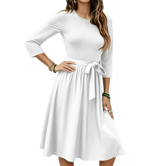 WTOBBY Women's Classic Solid Color Waistband Round Neck 3/4 Sleeve Dress, Flowy Midi Sundress with Timeless Style for Various Occasions,White L