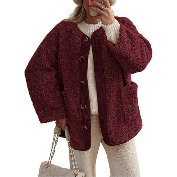 WTOBBY Women's Collarless Plush Lamb Wool Jacket, Solid Color Button Down Front, Long Sleeve Casual Outerwear, Soft Fleece Lining, Comfortable Loose Fit,Wine M