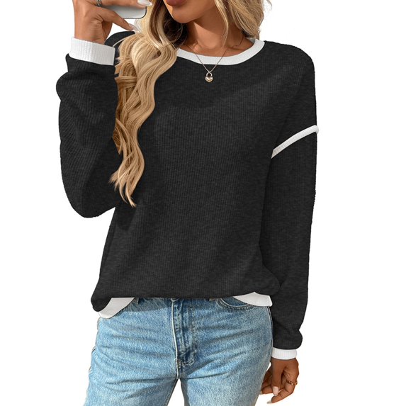 WTOBBY Women's Color Block Mock Sweater Long Sleeve Top, Fashion Round Neck Knit Look Blouse, Casual Loose Fit Pullover for Fall,Black L
