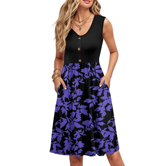 WTOBBY Women's Color Block Print Midi Sundress Sleeveless V-Neck Casual Dress with Button Front Pockets Loose Swing Fit for Street Style and Shopping ,PurpleS
