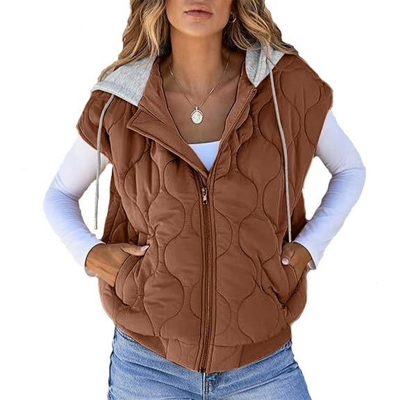 WTOBBY Women's Color Block Sleeveless Vest, Drawstring Hooded Tank Jacket, Casual All-Match Outerwear, Lightweight Layering Piece, Streetwear Style for Women,Coffee L