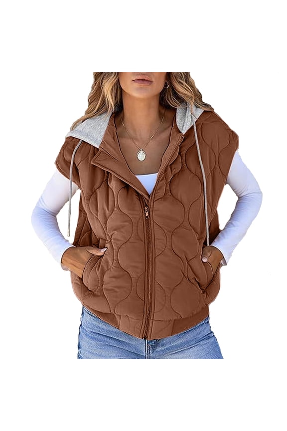 Women's Color Block Sleeveless Vest, Drawstring Hooded Tank Jacket, Casual All-Match Outerwear, Lightweight Layering Piece, Streetwear Style for Women,Coffee L