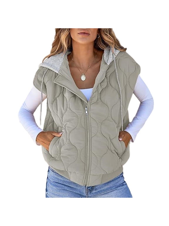 Women's Color Block Sleeveless Vest, Drawstring Hooded Tank Jacket, Casual All-Match Outerwear, Lightweight Layering Piece, Streetwear Style for Women,Gray L