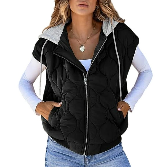 WTOBBY Women's Color Block Sleeveless Vest, Drawstring Hooded Tank Jacket, Casual All-Match Outerwear, Lightweight Layering Piece, Streetwear Style for Women,Black S
