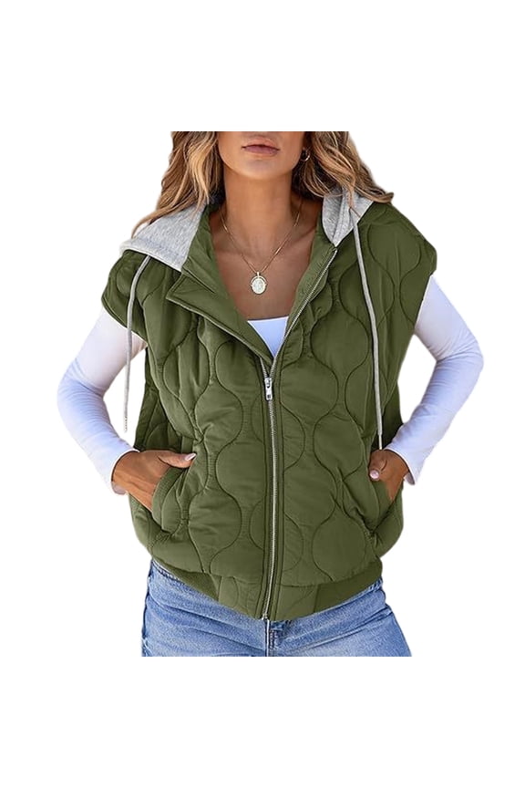 Women's Color Block Sleeveless Vest, Drawstring Hooded Tank Jacket, Casual All-Match Outerwear, Lightweight Layering Piece, Streetwear Style for Women,Army Green L