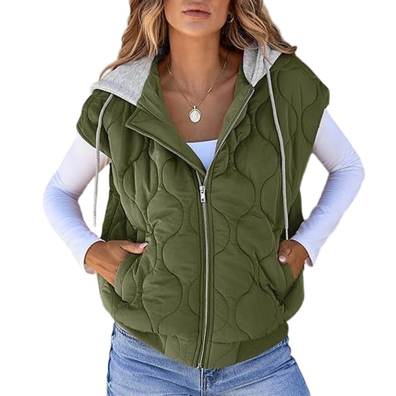 WTOBBY Women's Color Block Sleeveless Vest, Drawstring Hooded Tank Jacket, Casual All-Match Outerwear, Lightweight Layering Piece, Streetwear Style for Women,Army Green L