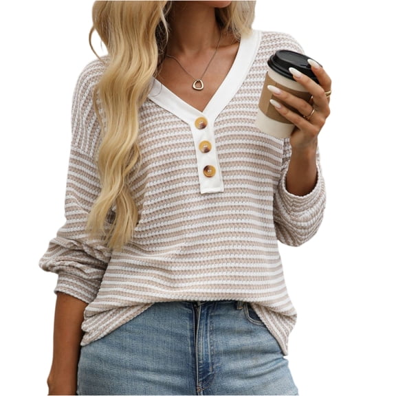 WTOBBY Women's Color Block V Neck Button Detail Long Sleeve Blouse, Casual Contrast Panel Pullover Top, Unique Design Everyday Shirt,Beige L