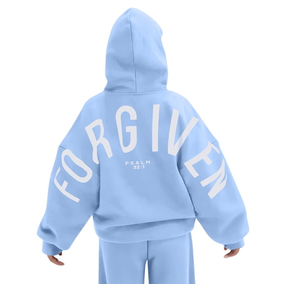 WTOBBY Women's Colorblock Sweatshirt Long Sleeve Casual Comfortable Loose Lightweight Pullover with FORGIVEN Letter Print, Streetwear Style Top for Daily Casual Wear,Blue M