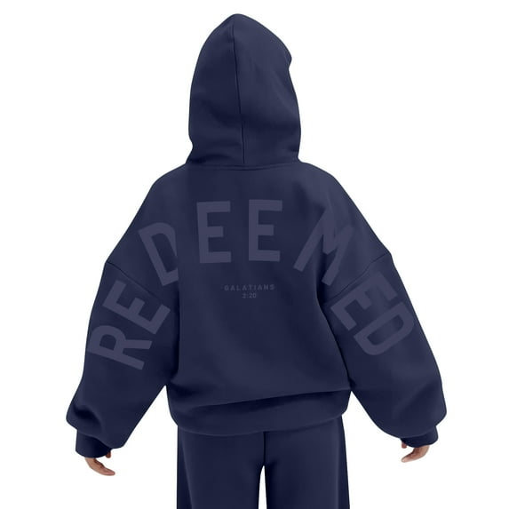 WTOBBY Women's Colorblock Sweatshirt Long Sleeve Casual Comfortable Loose Lightweight Pullover with REDEEMED Letter Print, Trendy Sporty Top for Women, Fall Fashion Apparel,Navy M