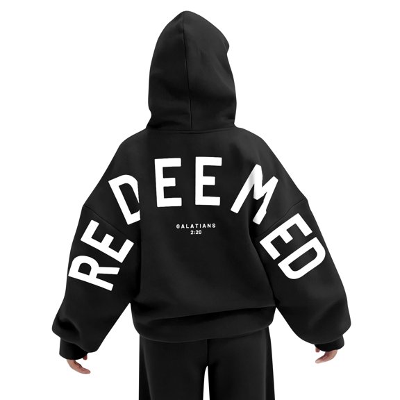 WTOBBY Women's Colorblock Sweatshirt Long Sleeve Casual Comfortable Loose Lightweight Pullover with REDEEMED Letter Print, Trendy Sporty Top for Women, Fall Fashion Apparel,Black L