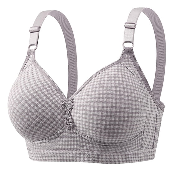 WTOBBY Women's Comfort Underwire Bra: Fashion Thin Moulded Cup with Plaid Pattern Design, Smooth T-Shirt Bra with Three Rows of Adjustable Back Hooks for Perfect Fit,Gray S