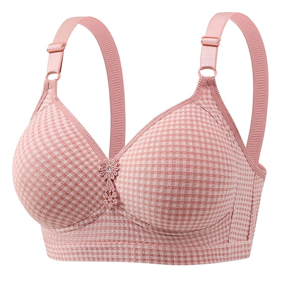 WTOBBY Women's Comfort Underwire Bra: Fashion Thin Moulded Cup with Plaid Pattern Design, Smooth T-Shirt Bra with Three Rows of Adjustable Back Hooks for Perfect Fit,Pink S(38/85)