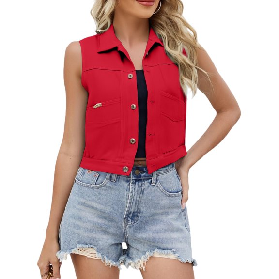 WTOBBY Women's Comfortable Fashion Jeans Casual Cardigan Button Down Vest, Lightweight and Stylish Layering Piece Denim, Perfect for Spring or Fall, Versatile Outerwear,Red M