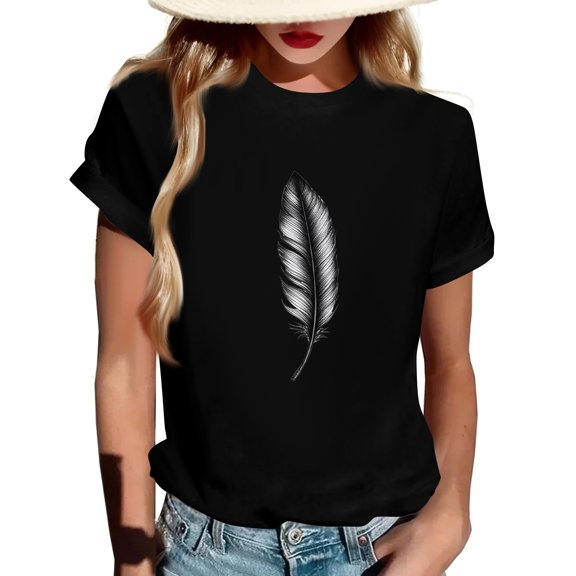 WTOBBY Women's Comfortable Feather Print Round Neck Short Sleeve T-Shirt Top, Casual and Lightweight Fit for Everyday Wear, Great for Summer Activities,Black L