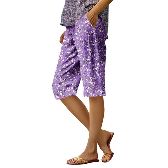 WTOBBY Women's Comfortable Floral Print Elastic Waist Bermuda Shorts with Functional Pockets, Versatile for Casual Wear, Summer Style and Ease,Purple M