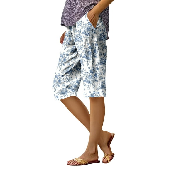 WTOBBY Women's Comfortable Floral Print Elastic Waist Bermuda Shorts with Functional Pockets, Versatile for Casual Wear, Summer Style and Ease,White S