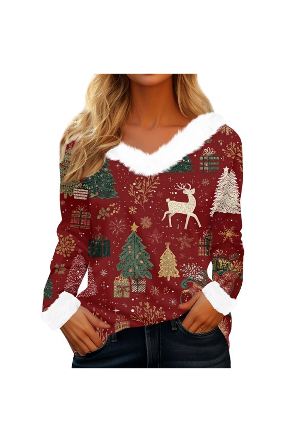 Women's Comfortable Loose Fit Casual Fashion Long Sleeve Christmas Holiday Printed Flannel Collar Pullover Sweatshirt Top for Winter Street Style and Daily Wear,Red 2XL