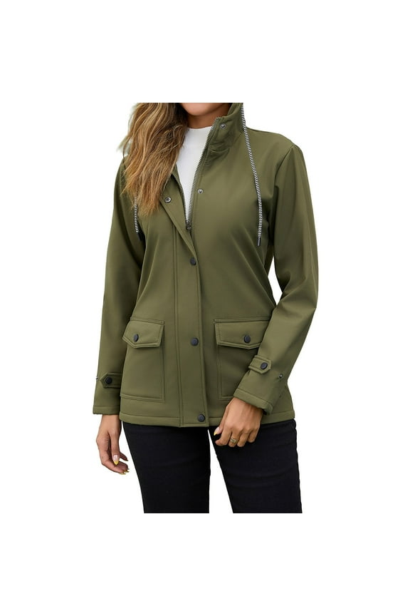 Women's Composite Velvet Windbreaker Jacket Long Sleeve Hooded Waterproof Rain Coat Solid Color Zip Up Fleece Lined Warm Outerwear for Hiking Travel,Army Green L