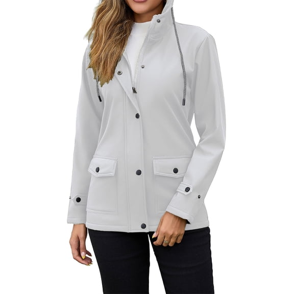 WTOBBY Women's Composite Velvet Windbreaker Jacket Long Sleeve Hooded Waterproof Rain Coat Solid Color Zip Up Fleece Lined Warm Outerwear for Hiking Travel,White M
