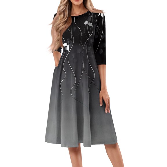 WTOBBY Women's Contemporary Round Neck Floral Print 3/4 Sleeve Dress, Modern Digital Pattern Midi Sundress with Casual Elegance,Black 2XL