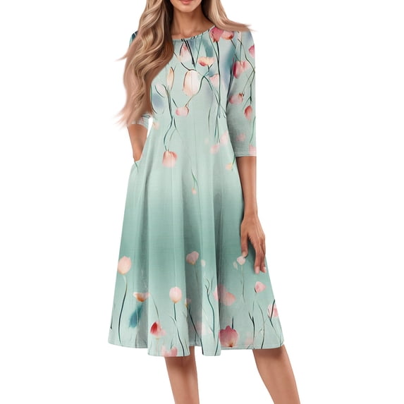 WTOBBY Women's Contemporary Round Neck Floral Print 3/4 Sleeve Dress, Modern Digital Pattern Midi Sundress with Casual Elegance,Mint Green L