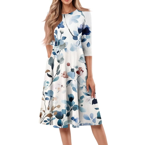 WTOBBY Women's Contemporary Round Neck Floral Print 3/4 Sleeve Dress, Modern Digital Pattern Midi Sundress with Casual Elegance,White L