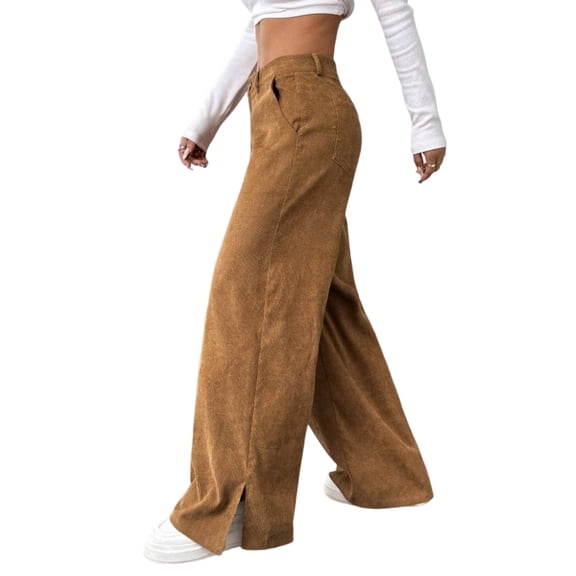WTOBBY Women's Corduroy Pants Casual Straight Leg Trousers, Solid Color High Waist Relaxed Fit Comfortable Everyday Wide Leg Pants for Ladies,Khaki 2XL
