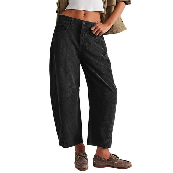 WTOBBY Women's Corduroy Pants Casual Straight Leg Trousers, Solid Color Relaxed Fit Comfortable Everyday Wide Leg Corduroy Pants for Women,Dark Gray S