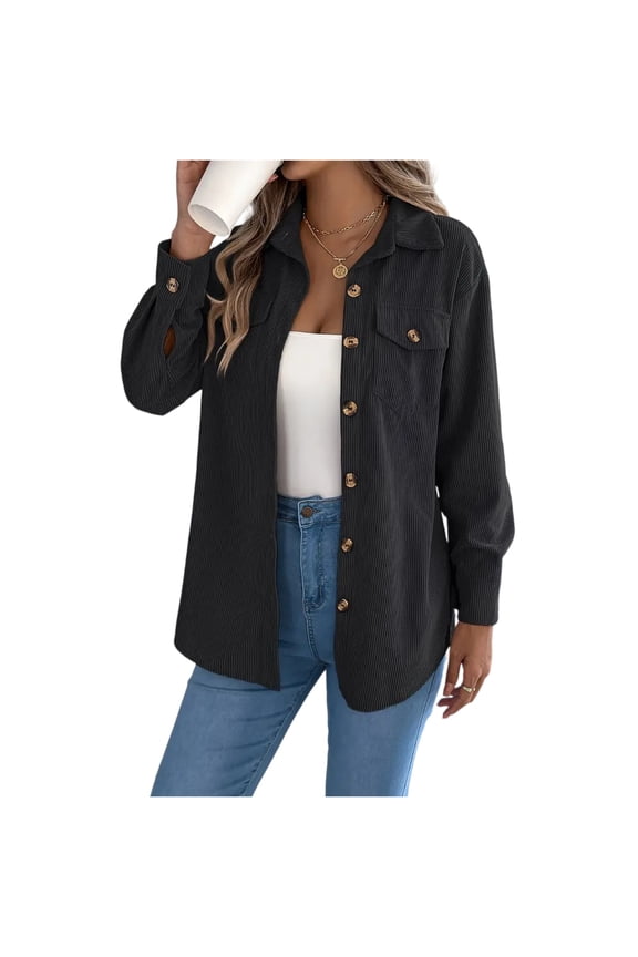 Women's Corduroy Shirt Jacket, Lapel Collar Single Breasted Button Front, Long Sleeve Casual Overshirt, Solid Color Vintage Style, Comfortable Loose Fit,Black L