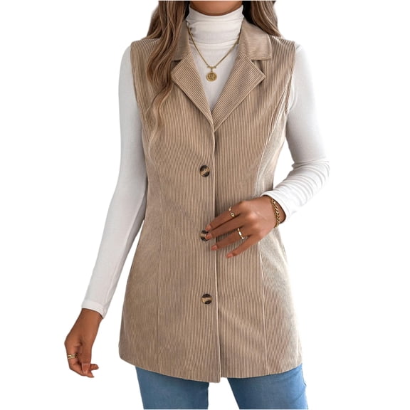 WTOBBY Women's Corduroy Vest Jacket, Sleeveless Lapel Button Front, Solid Color Casual Tank, Vintage Style Outerwear, Perfect for Layering in Fall and Winter,Khaki L