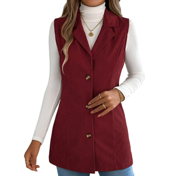WTOBBY Women's Corduroy Vest Jacket, Sleeveless Lapel Button Front, Solid Color Casual Tank, Vintage Style Outerwear, Perfect for Layering in Fall and Winter,Wine S