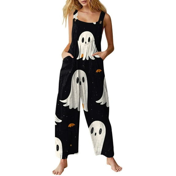 WTOBBY Women's Cotton Jumpsuit with Sleeveless Cut and Halloween Printed Pattern, Casual Relaxed Fit for Summer Comfort and Easy Movement,BlackS