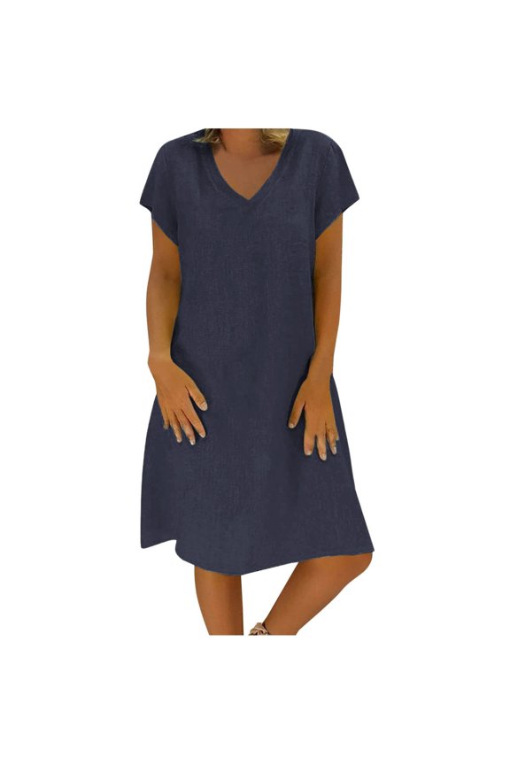 Women's Cotton and Linen Summer Short Sleeve Comfy Travel Beach Dress Wear Trendy Spring Vacation Clothes with V-Neck Design and Pocket,Dark Blue 2XL
