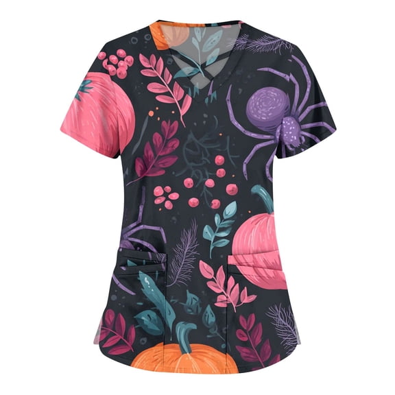 WTOBBY Women's Cross V-Neck Design Overalls with Short Sleeves and Double Pockets, Halloween Printed Tops for Work Uniforms and Caregiver Fashion,Perfect for Nursing Professionals,Pink XL