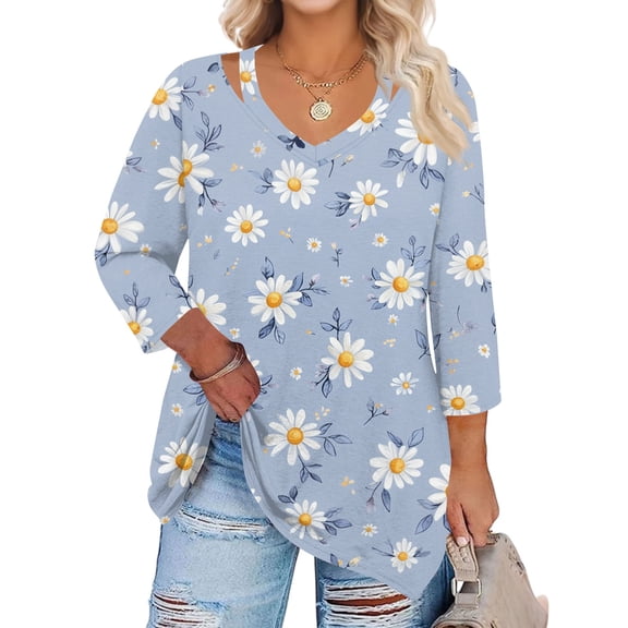 WTOBBY Women's Curve Floral Hollow Neck Blouse 3/4 Sleeve Chiffon Plus Size Top with Elegant Ruffle Detail Casual Wear,Light Blue XL