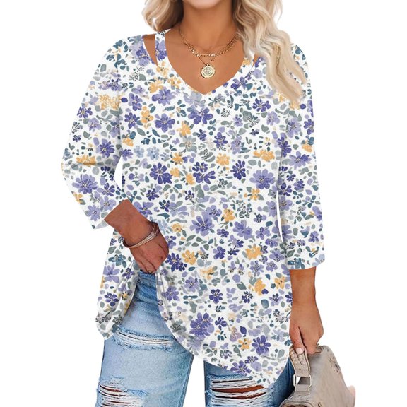 WTOBBY Women's Curve Floral Hollow Neck Blouse 3/4 Sleeve Chiffon Plus Size Top with Elegant Ruffle Detail Casual Wear,Purple L
