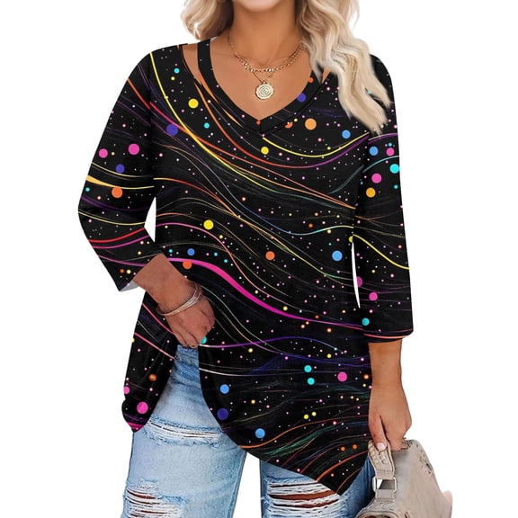 WTOBBY Women's Curve Floral Hollow Neck Top 3/4 Sleeve Chiffon Blouse Plus Size Casual Tunic with Flowy Silhouette Design,Black 2XL