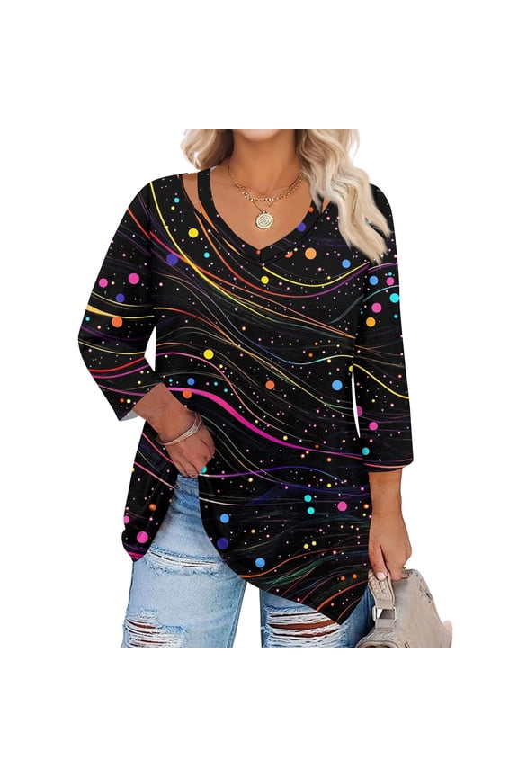 Women's Curve Floral Hollow Neck Top 3/4 Sleeve Chiffon Blouse Plus Size Casual Tunic with Flowy Silhouette Design,Black L
