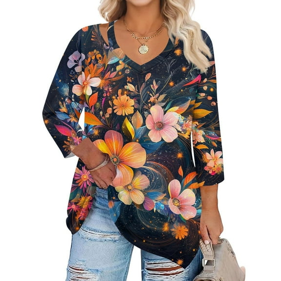 WTOBBY Women's Curve Floral Hollow Neck Top 3/4 Sleeve Chiffon Blouse Plus Size Casual Tunic with Flowy Silhouette Design,Orange L
