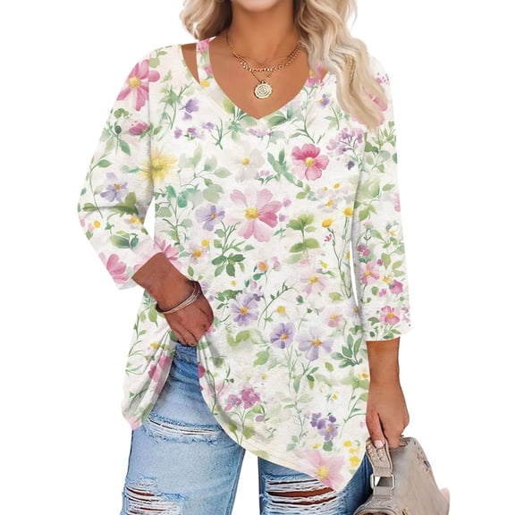 WTOBBY Women's Curve Floral Hollow Neck Top 3/4 Sleeve Chiffon Blouse Plus Size Casual Tunic with Flowy Silhouette Design,Pink 4XL