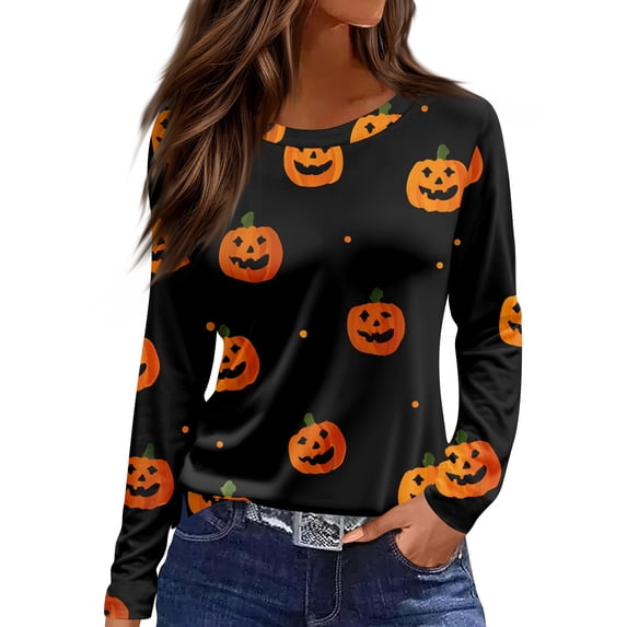 WTOBBY Women's Daily Casual Long Sleeve Printed Round Neck Top, Halloween Theme Split Hem Blouse for Fall Seasonal Fashion,Black 3XL