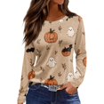 thumbnail image 1 of WTOBBY Women's Daily Casual Long Sleeve Printed Round Neck Top, Halloween Theme Split Hem Blouse for Fall Seasonal Fashion,Camel XL, 1 of 5
