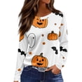 thumbnail image 1 of WTOBBY Women's Daily Casual Long Sleeve Printed Round Neck Top, Halloween Theme Split Hem Blouse for Fall Seasonal Fashion,Earthy Yellow L, 1 of 5
